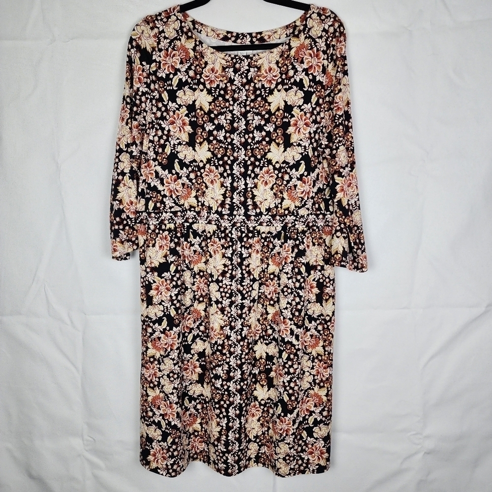 J. Jill‎ Womens Medium Floral Knit Dress 3/4 Sleeve Empire Waist Black Orange
